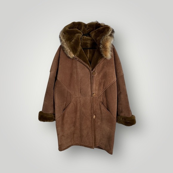 Marvin Richards Genuine Leather Suede Fur Trimmed Hooded Winter Coat Medium - Picture 2 of 8
